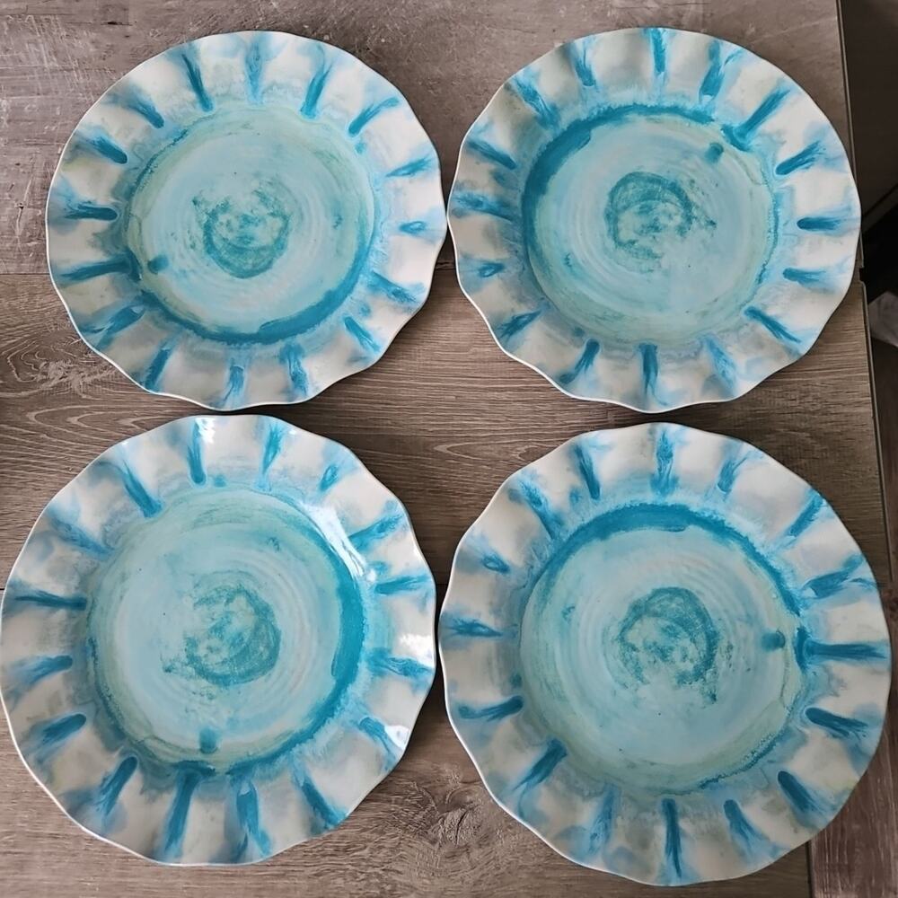 Pier 1 One Imports Marble Wave Turquoise Melamine Coastal Tie Dye Plate Set of 4